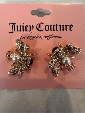 Juicy Couture Gold Bee Pearl & Crystal Stud Earrings - Gold and White